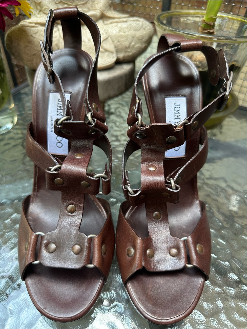 Jimmy Choo London Dark Brown Leather Studded Gladiator Sandals NEVER WORN